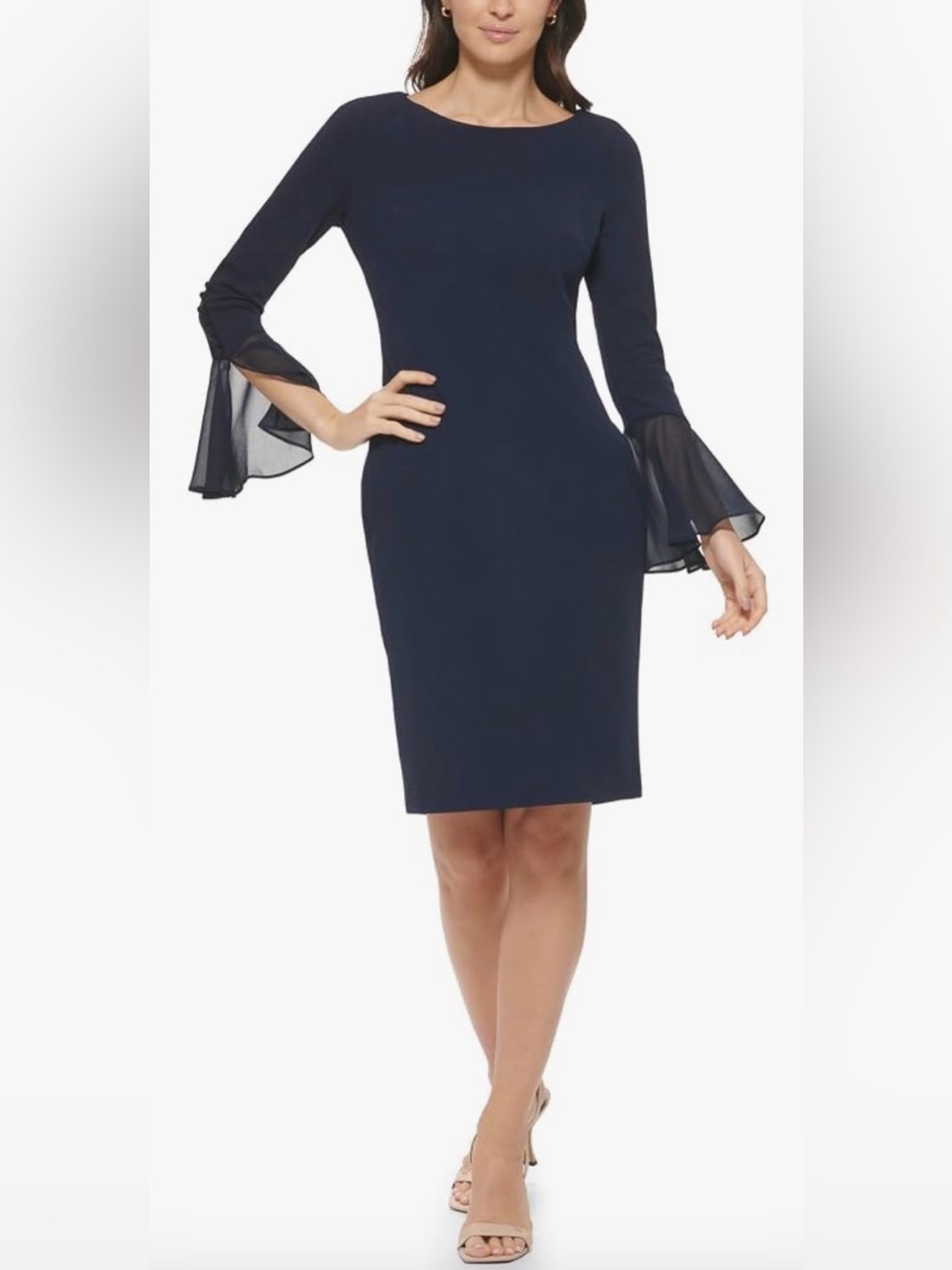 Calvin Klein Black Sheath Dress with Sheer Bell Sleeves